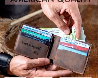 May include: A brown leather wallet with multiple card slots and a cash compartment. The wallet is open, revealing credit cards and cash. The text "AMERICAN QUALITY" is at the top. The wallet has the engraved text "forever in my heart Mary".