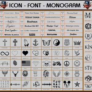 May include: A chart displaying various fonts, icons, and monograms. The fonts are labeled with numbers and names, including "Courier New" and "Texas Tango." Icons include crosses, hearts, and symbols like a butterfly and a yin yang. Monogram examples are also shown.