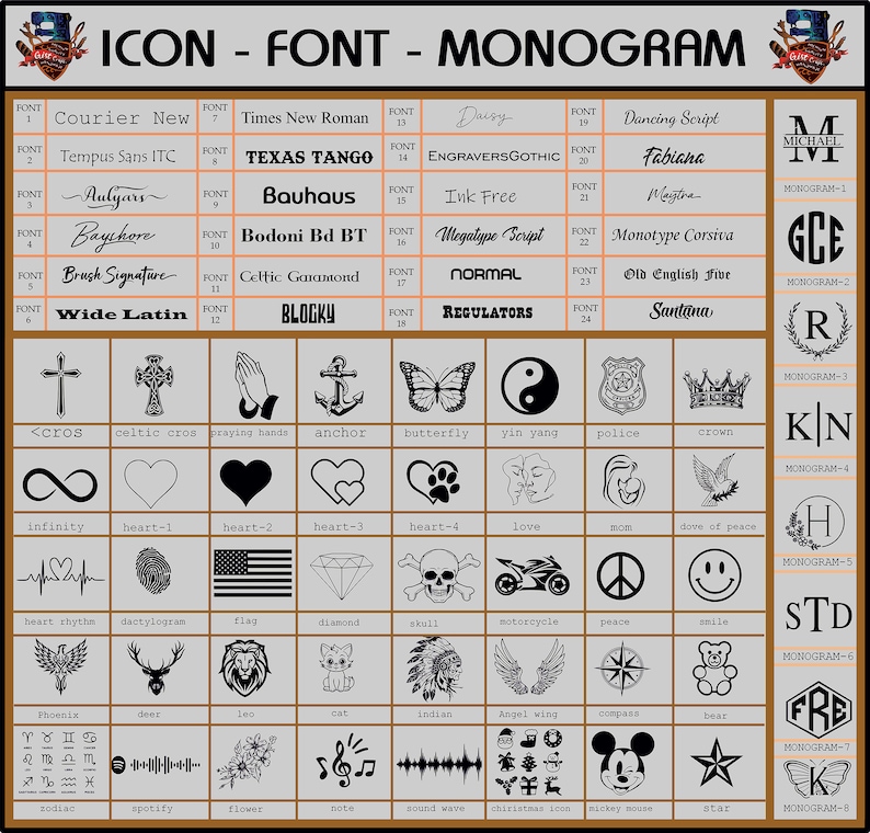 May include: A chart displaying various fonts, icons, and monograms. The fonts are labeled with numbers and names, including "Courier New" and "Texas Tango." Icons include crosses, hearts, and symbols like a butterfly and a yin yang. Monogram examples are also shown.