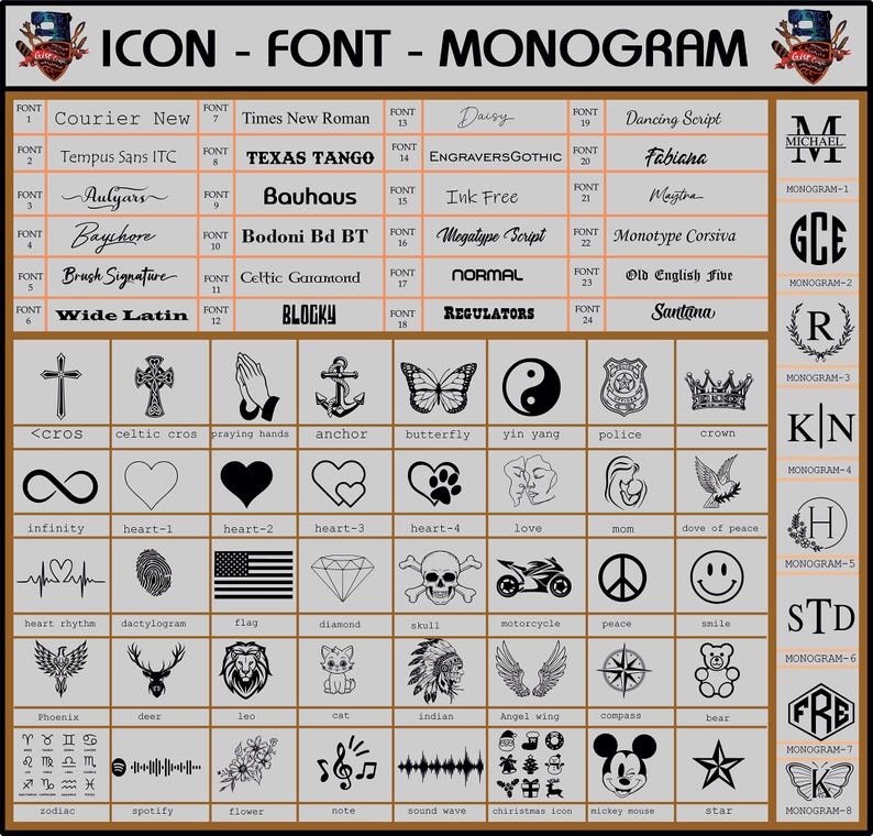 Op de afbeelding: Een grafische weergave met verschillende lettertypen, pictogrammen en monogrammen. Lettertypen zijn onder meer Courier New, Times New Roman en Texas Tango. Pictogrammen zijn onder meer een kruis, hart, vlinder en schedel. Handig voor ontwerpprojecten.