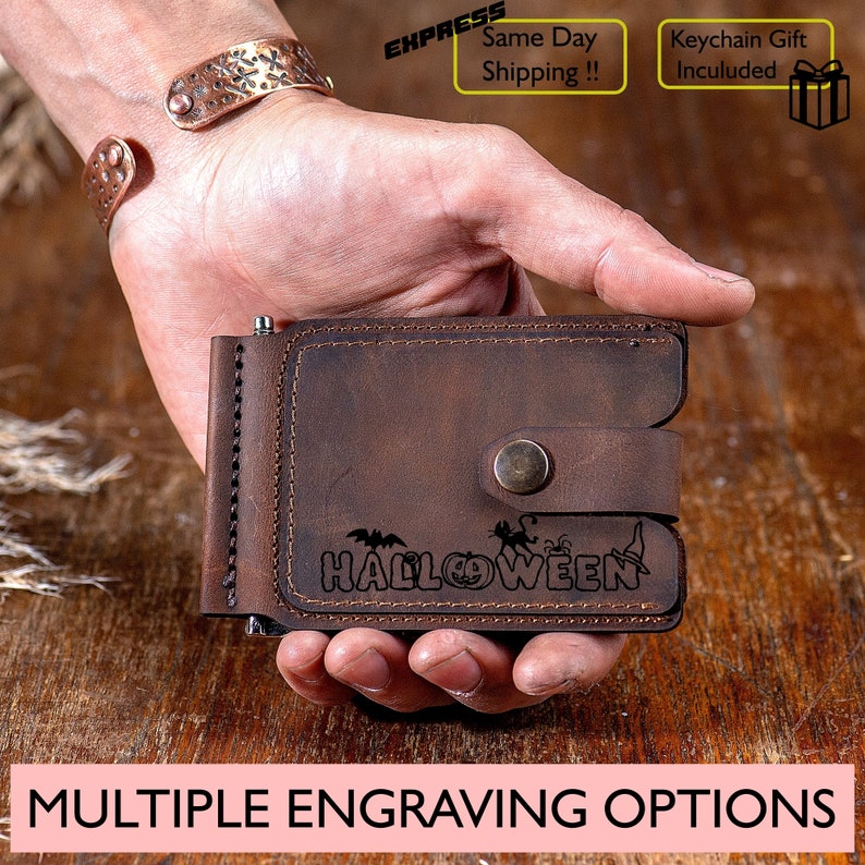 Closed look of the Crazy Dark Brown Money Clip Wallet in hand. Halloween personalization. Brass Snap Closure. Ideal gift as a birthday gift, anniversary gift, fathers day gift, graduation gift, friend gift, gift from daughter, gift from son.