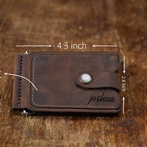 Closed look and dimensions of the crazy dark brown wallet. Joshua in Megatype Script Font.