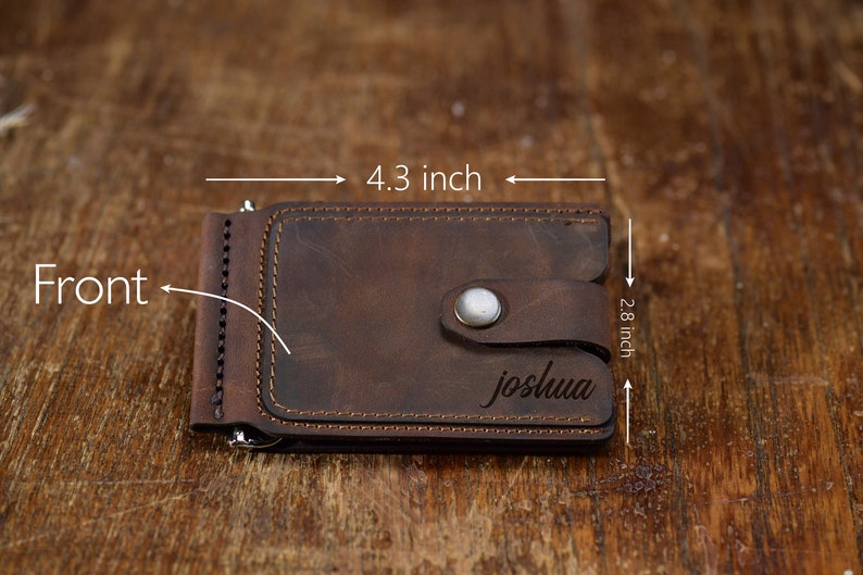 Closed look and dimensions of the crazy dark brown wallet. Joshua in Megatype Script Font.