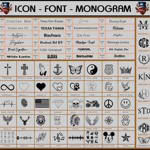 May include: A grid showcasing fonts, icons, and monograms. Fonts are numbered and named, such as "Courier New" and "Texas Tango." Icons include crosses, hearts, and symbols like a butterfly and a yin yang. Monogram examples are also displayed.
