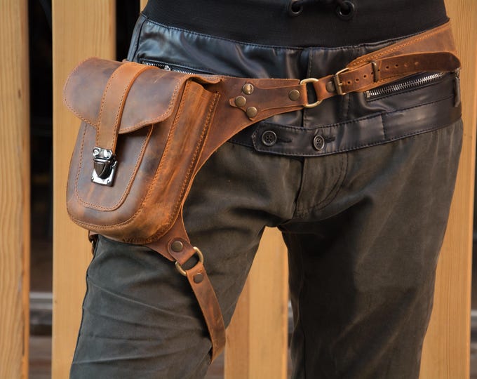 Featured listing image: Handmade Leather Thigh Bag – Hip Leg Holster Bag for Men & Women