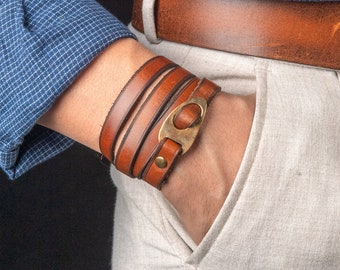 Personalized Leather Wrap Bracelet , Cuff Bracelet , Boho Style Chic , Customizable Men's Bracelet