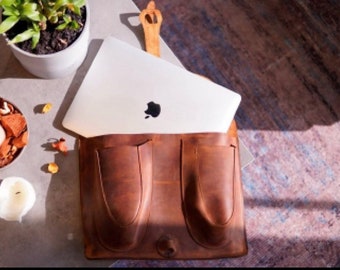 Personalized Leather Laptop Sleeve: Macbook Air/Pro Case with Pockets