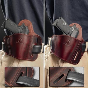 May include: A two-panel image shows a burgundy leather holster with a black pistol. The holster, worn on a belt, has a stitched design and a black leather belt loop. The brand name is visible on the holster.