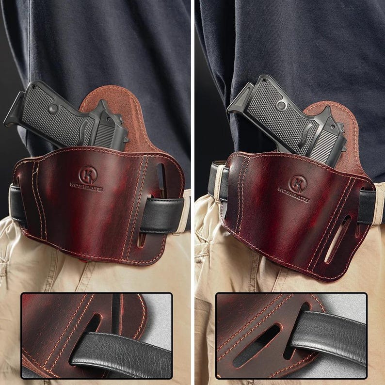 May include: A two-panel image shows a burgundy leather holster with a black pistol. The holster, worn on a belt, has a stitched design and a black leather belt loop. The brand name is visible on the holster.
