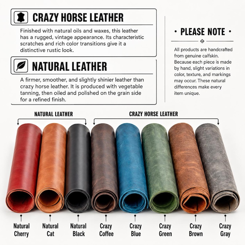 May include: Rolled leather samples in various colors, including red, brown, black, blue, and green. The image includes text describing "Crazy Horse Leather" and "Natural Leather" types, highlighting their unique characteristics and finishes.