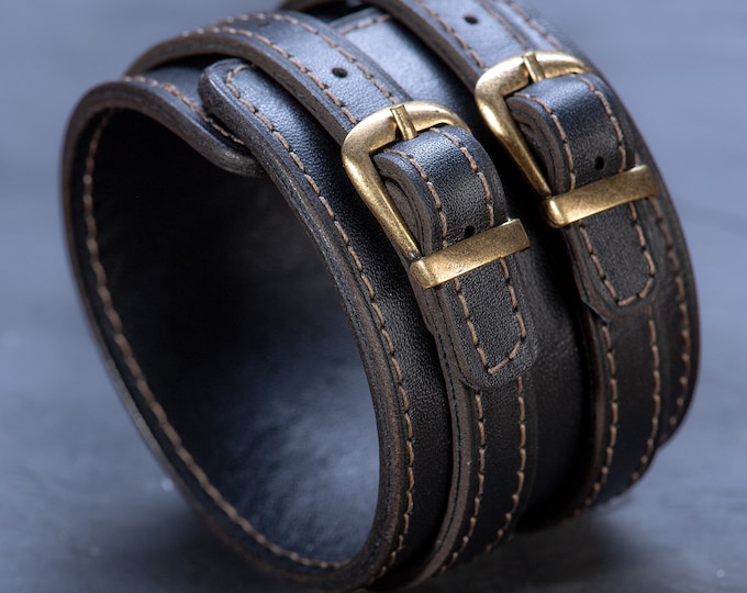 Featured listing image: Double Strap Leather Cuff,Black Leather Bracelet, Leather Wristband,Adjustable Engraved Bracelet,Mens Bracelet with buckle,Message Cuff