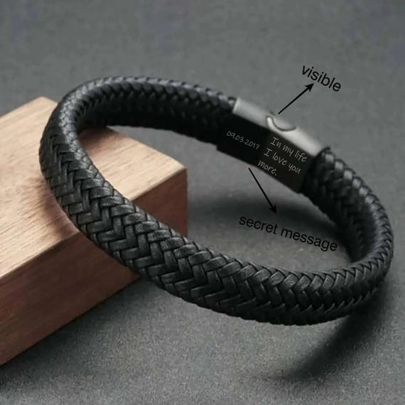 Men’s Braided Leather Bracelet – Personalized Hidden Message Gift, Custom Engraved Jewelry for Him
