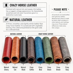 Op de afbeelding: Gerolde leren stalen in diverse kleuren, waaronder rood, bruin, zwart en blauw. De afbeelding bevat tekst over "Crazy Horse Leather" en "Natural Leather", met hun unieke kenmerken en afwerkingen.