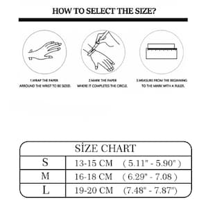 May include: Diagram illustrating how to measure wrist size for jewelry. Instructions include wrapping paper around the wrist, marking the paper, and measuring with a ruler. A size chart shows S (13-15 cm / 5.11"-5.90"), M (16-18 cm / 6.29"-7.08"), and L (19-20 cm / 7.48"-7.87").