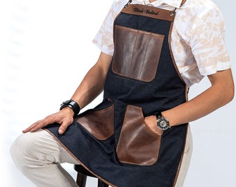Personalized Leather and Dennim Apron, Apron for Barista-Chef-Woodworker-Metalworker-Carpenter-Blacksmith, Bbq-Grilling-Cooking