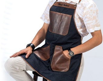 Personalized Leather & Denim Apron: Chef, Barista, Woodworker