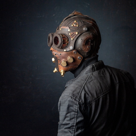 Leather Steampunk Mask Full Helmet, Handmade Cosplay, Halloween Costume