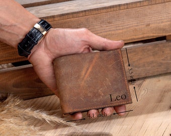 Personalized Brown Leather Wallet – Custom Engraved Bifold Slim Wallet, Gift for Men