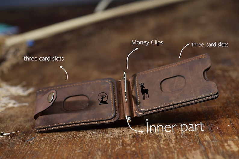 Open look of the Crazy dark brown wallet on the table. Featuring card slots, the money stainless steel clip and personalisation examples for Christmas.