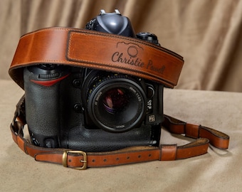 Personalized Leather Camera Strap, Custom Engraved DSLR Neck Strap, Handmade Photographer Gift