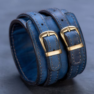 Double Strap Leather Cuff,Black Leather Bracelet, Leather Wristband,Adjustable Engraved Bracelet,Mens Bracelet with buckle,Message Cuff Blau