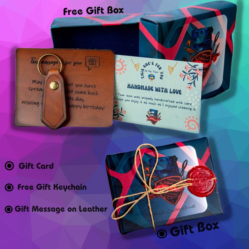 May include: A gift set featuring a brown leather keychain and a gift card with a message. The set includes a gift box wrapped in blue and red patterned paper, tied with twine and sealed with red wax. The gift box is labeled "Free Gift Box".