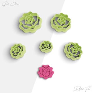 May include: Set of five green plastic rose cookie cutters and one pink rose cookie cutter.  The cutters are arranged on a white background.  Digital File.