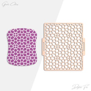 May include: Two craft stencils. One is a rectangular stencil with a honeycomb pattern and tabs. The other is a purple stencil with a white honeycomb pattern. The words "Grada Cutters" and "Digital File" are in the image.
