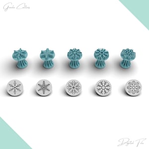 May include: Five light blue plastic snowflake-shaped cookie stamps with fluted handles, arranged in a row above five corresponding circular white impressions showing distinct snowflake patterns. The text Geazla Cutters and Digital File appear.