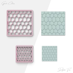 Pode incluir: Dois arquivos digitais para cortadores de biscoitos. A primeira imagem mostra um cortador de biscoitos rosa com um padrão de favo de mel. A segunda imagem mostra um padrão de favo de mel azul claro.