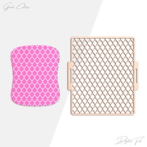 May include: Two craft stencils. One is a pink, curved rectangle with a white scale pattern. The other is a beige, square frame with a diamond grid design. The words "Grada Cutters" and "Digital File" are in the image.