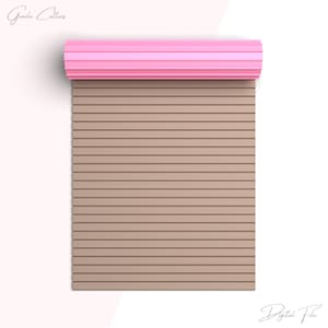 May include: A rolled up sheet of brown paper with horizontal lines. The paper is rolled up with a pink cylinder.
