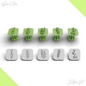 May include: Five light green plastic clay cutters with square bases and raised botanical leaf designs on top, accompanied by five corresponding gray square tiles displaying black line art illustrations of the same leaf patterns.