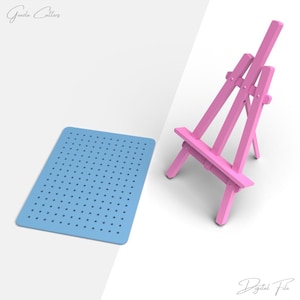 May include: A light blue rectangular craft mat with evenly spaced holes and a pink wooden easel. The easel is a miniature version, with a three-legged design. The image has the text "Goode Cutters" and "Digital File".