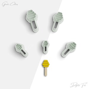 May include: Five white plastic honey dipper cookie cutters and one yellow honey dipper cookie cutter.  The cookie cutters are arranged on a white background.  The text "Digital File" is in the bottom right corner of the image.