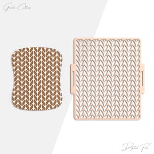 May include: Two craft stencils. One is a square stencil with a knitted pattern and handles. The other is a curved stencil with a brown and white knitted pattern. The stencils are for crafts and DIY projects.