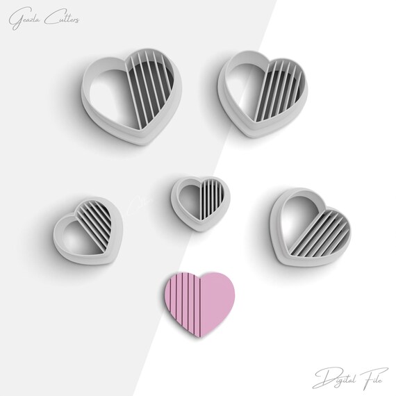 Half Lined Heart Clay Cutter, Valentine's Day Polymer Clay Earring Cutters, 2 Cutter Version, 5 Sizes Included, Digital STL File, No: 1227