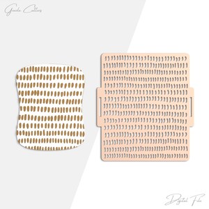 May include: Two digital file designs. One is a white, rounded rectangle with a gold dotted pattern. The other is a light peach-colored rectangular design with a series of vertical cut-out lines. The text "Digital File" is in the bottom right corner.