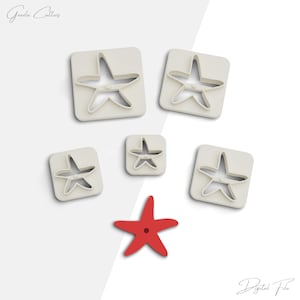 May include: A collection of five off-white, square-shaped cookie cutters with starfish cutouts, along with a single red starfish. The words "Grazia Cutters" and "Digital File" are written in cursive.