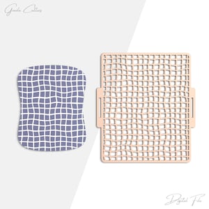May include: Two die-cut shapes. One is a light purple, curved rectangle with a white grid pattern. The other is a light peach-colored square with a grid pattern and handles. The words "Grada Cutters" and "Digital File" are in the image.