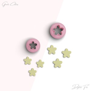 Peut inclure: Deux emportes-pièces en forme de fleur en plastique rose et six petits emportes-pièces en forme d'étoile jaune sur un fond blanc et rose. Le texte "Fichier numérique" est en bas de l'image.