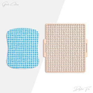 May include: Two craft supplies: a blue and white patterned shape and a beige square grid with handles. The blue shape has a grid pattern. The beige grid is rectangular with a square grid pattern. The words "Grazia Cutters" and "Digital File" are in the image.