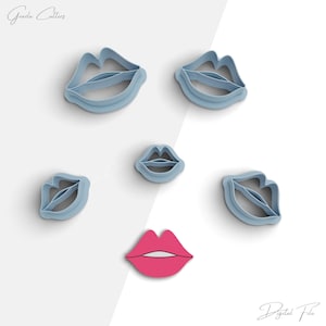 May include: Set of six blue plastic cookie cutters shaped like lips, with one red plastic cookie cutter shaped like lips.