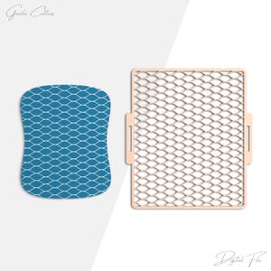 May include: Two cookie cutters. One is a light blue, curved rectangle with a white, wavy pattern. The other is a light peach-colored, rectangular frame with a mesh design. The words "Graze Cutters" and "Digital File" are in the image.