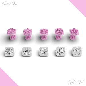 May include: Five light pink flower-shaped cookie cutters with matching square-shaped stamps featuring floral outlines. The set includes designs of a rose, a five-petaled flower, a coneflower, a sunflower, and a simple blossom. Text reads Geazla Cutters.
