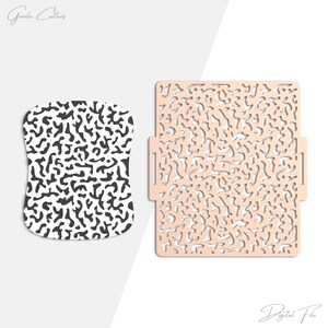 May include: Two die cut shapes. One is a white and black pattern, the other is a light peach color with a cut-out design. The words "Grada Cutters" and "Digital File" are in the image.