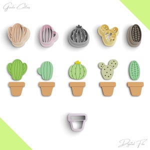 Peut inclure: Un ensemble de 10 emporte-pièces sur le thème du cactus, comprenant différentes formes de cactus et un pot. Les emporte-pièces sont en plastique gris clair et sont disposés sur un fond blanc.