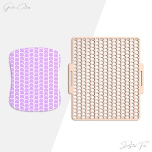 May include: Two craft stencils. One is a light purple, curved-edge shape with a white, scalloped pattern. The other is a square, peach-colored stencil with a grid of small, semi-circular cutouts. The words "Graziella Cutters" and "Digital File" are in the image.