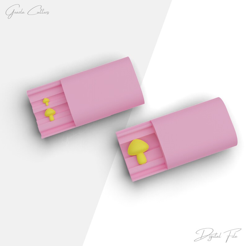 May include: Two pink rectangular molds with yellow mushroom designs. The molds have a textured interior and are set against a white background. The text "Grazia Cutters" and "Digital File" are visible.
