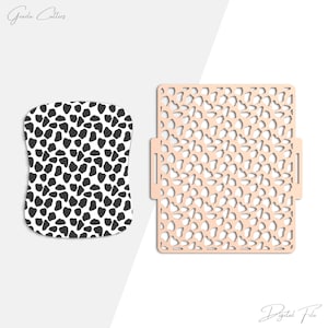 Op de afbeelding: Twee gestanste vormen. Eén is een afgeronde rechthoek met een zwart-wit dalmatiërpatroon. De andere is een lichtperzikkleurige vierkant met een herhalend patroon van organische vormen. De tekst "Digital File" staat onderaan.